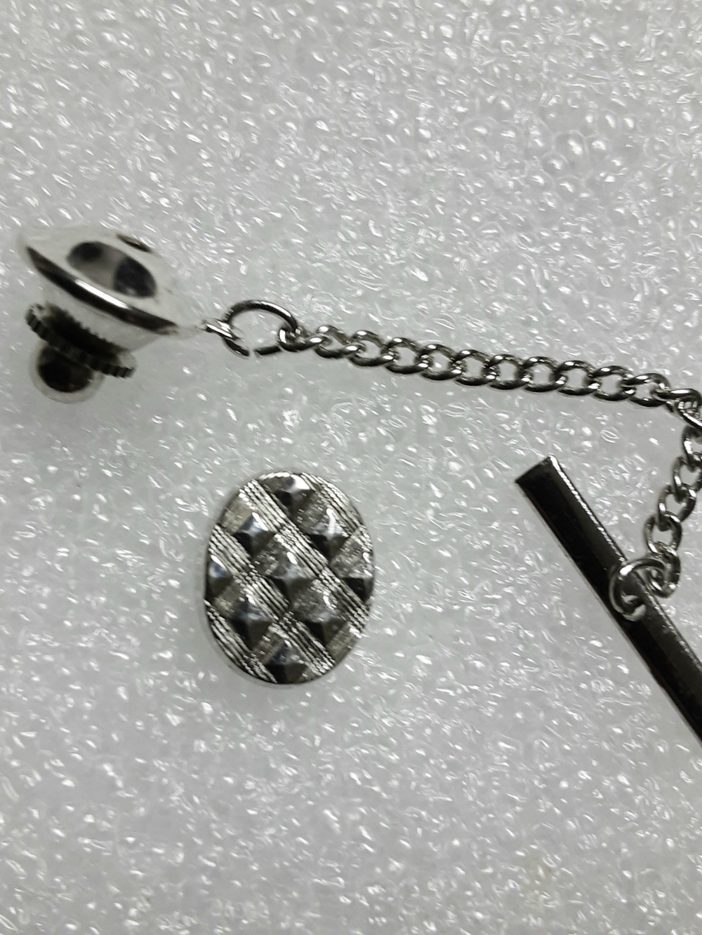Modernist Tie Tack Vintage Silver Tone Mens Oval Pin, Diamond Cut Pattern